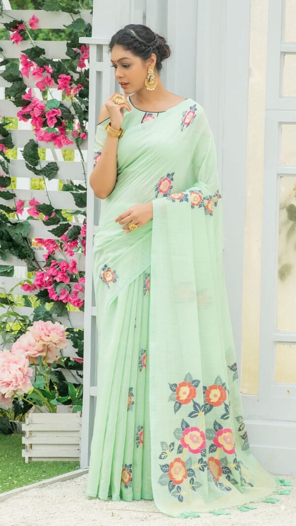 Pure linen saree with Beautiful colourful woven Pallu Saree 01