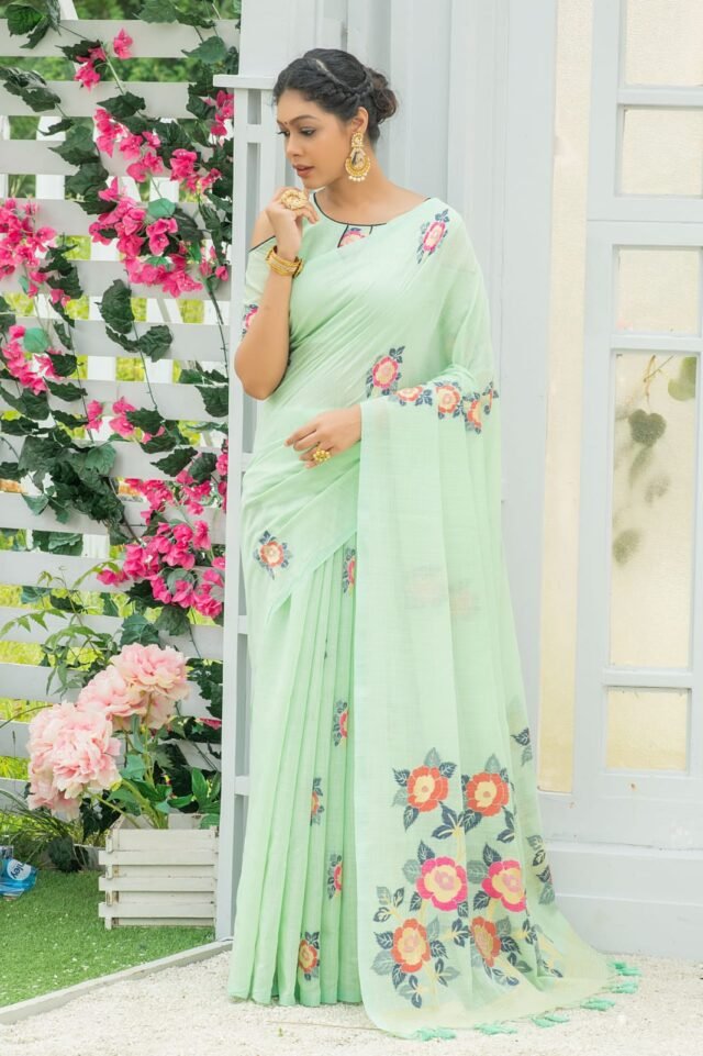 Pure linen saree with Beautiful colourful woven Pallu Saree 01