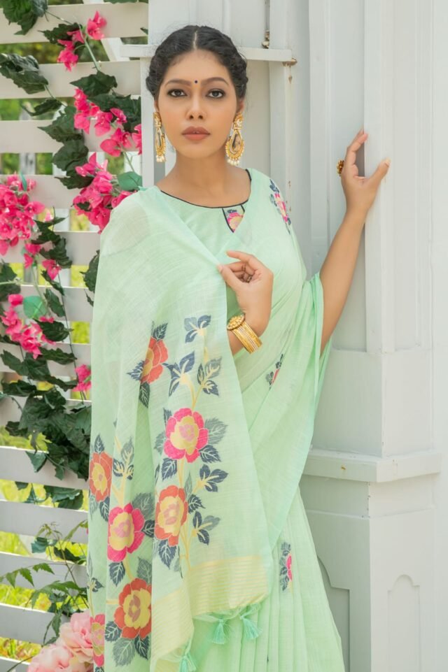 Pure linen saree with Beautiful colourful woven Pallu Saree 01