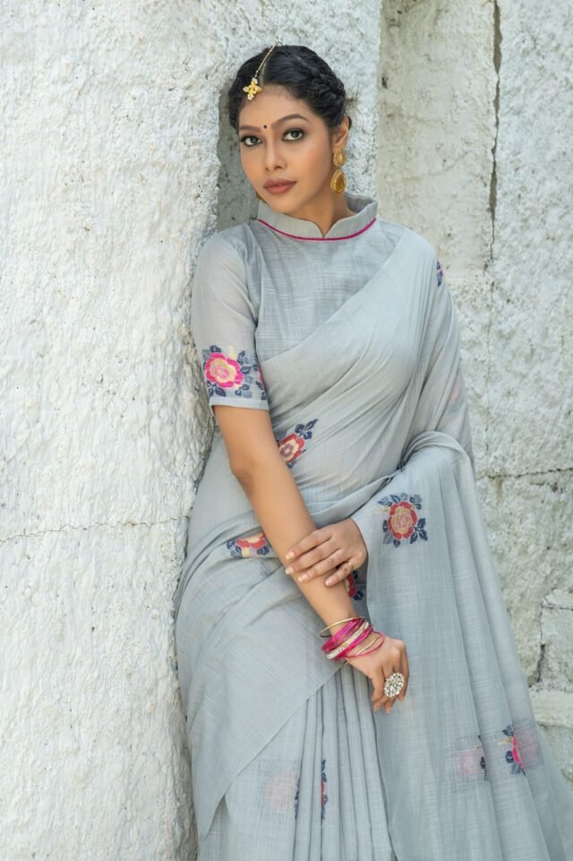 Pure linen saree with Beautiful colourful woven Pallu Saree 02