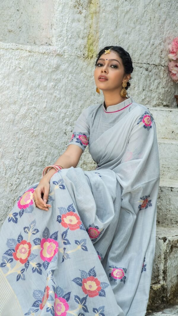 Pure linen saree with Beautiful colourful woven Pallu Saree 02