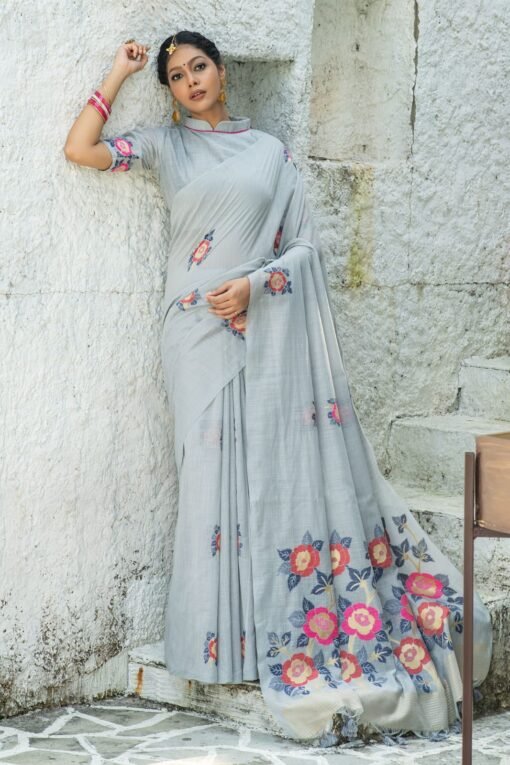Pure linen saree with Beautiful colourful woven Pallu Saree 02
