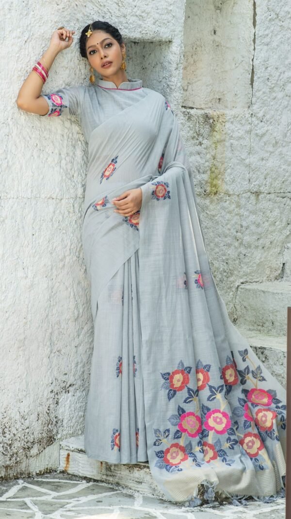 Pure linen saree with Beautiful colourful woven Pallu Saree 02