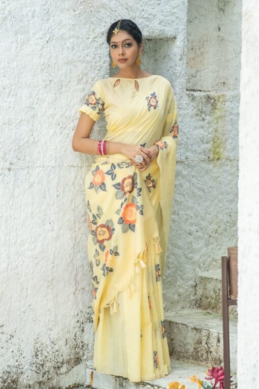Pure linen saree with Beautiful colourful woven Pallu Saree 04