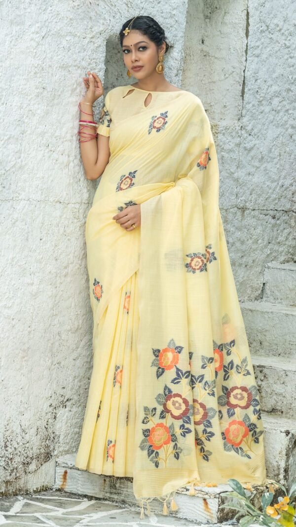 Pure linen saree with Beautiful colourful woven Pallu Saree 04