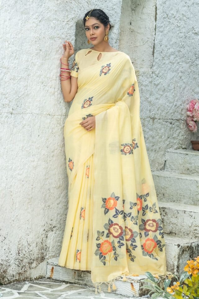Pure linen saree with Beautiful colourful woven Pallu Saree 04