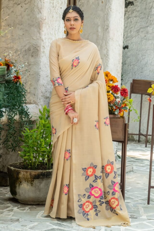 Pure linen saree with Beautiful colourful woven Pallu Saree 05