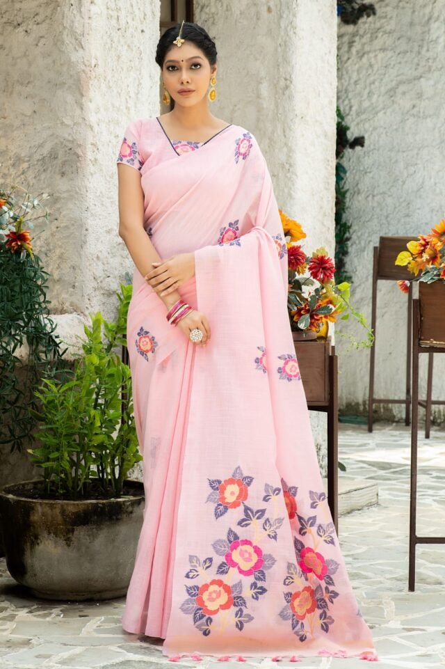 Pure linen saree with Beautiful colourful woven Pallu Saree 06