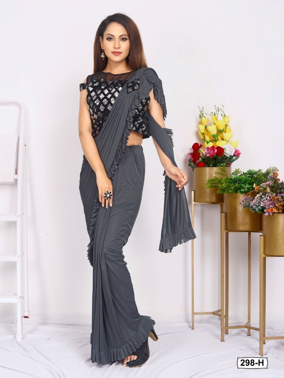 Buy Party Wear Net Black Saree With Full Sleeve Blouse Indian Wedding Saree  Sabyasachi Saree Pre Stitch Saree Online in India - Etsy