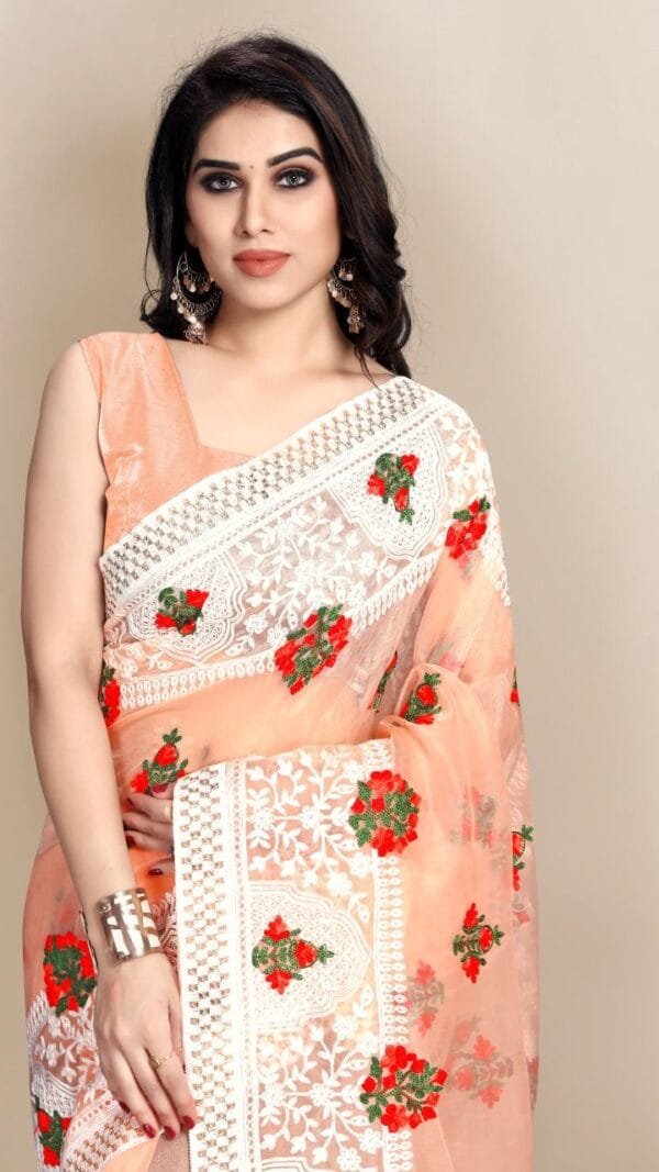 Organza saree with Digital Printed and Embroidery Lace Border Work 03