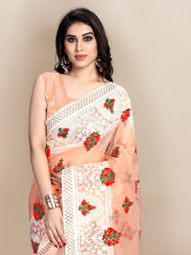 Organza saree with Digital Printed and Embroidery Lace Border Work 03