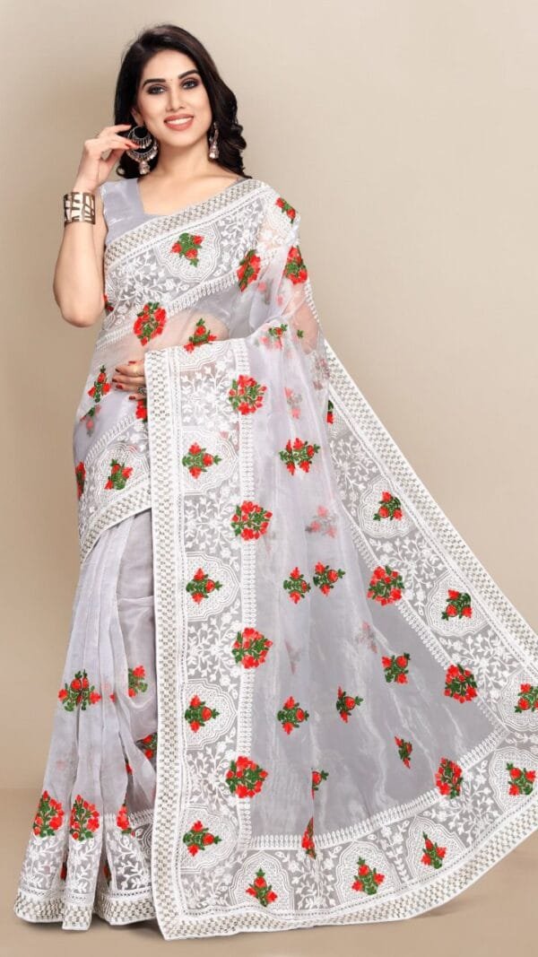 Organza saree with Digital Printed and Embroidery Lace Border Work 05