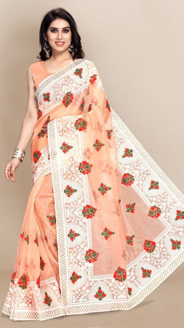 Organza saree with Digital Printed and Embroidery Lace Border Work 03