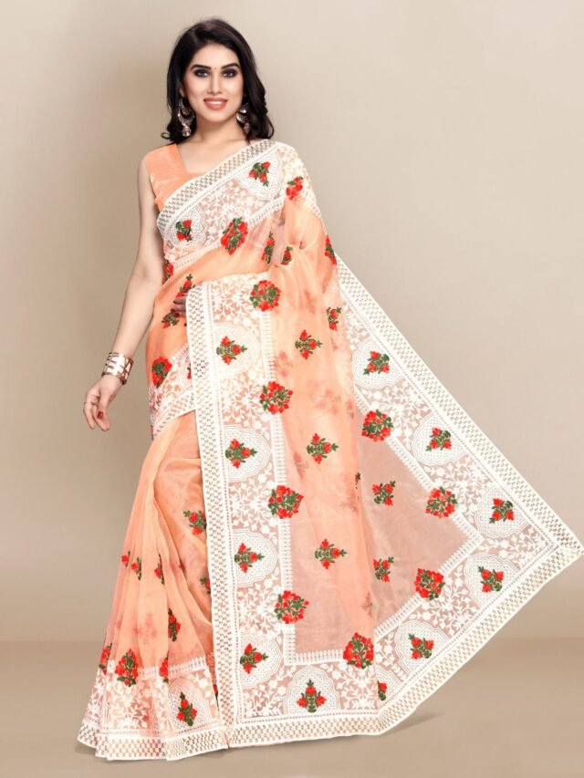 Organza saree with Digital Printed and Embroidery Lace Border Work 03