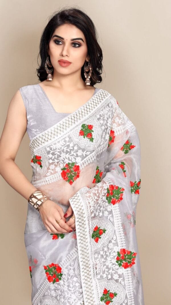 Organza saree with Digital Printed and Embroidery Lace Border Work 05