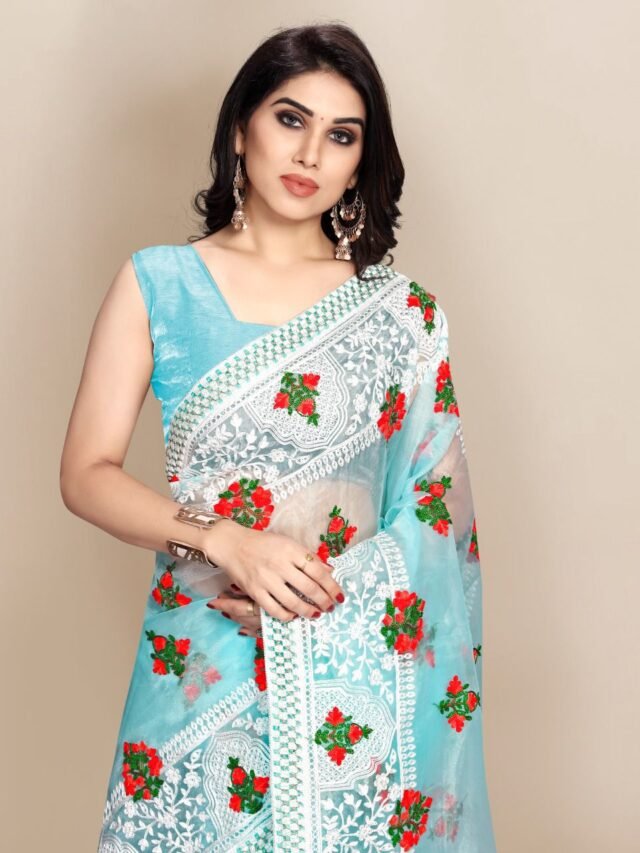 Organza saree with Digital Printed and Embroidery Lace Border Work 06