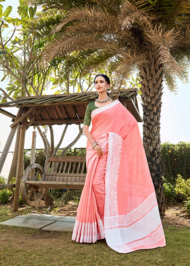 Soft Linen Saree with Weaving Lucknowi Saree 06