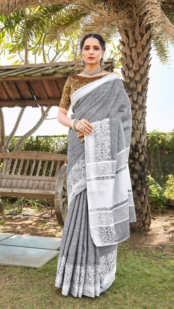 Soft Linen Saree with Weaving Lucknowi Saree 03