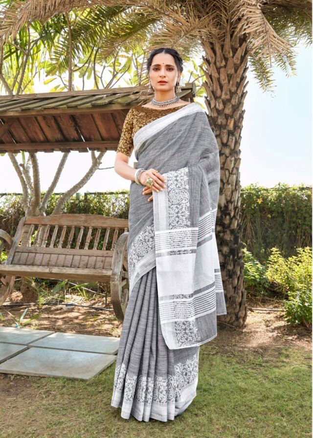 Soft Linen Saree with Weaving Lucknowi Saree 03