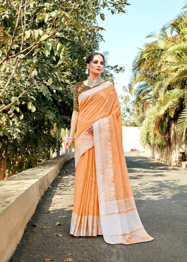 Soft Linen Saree with Weaving Lucknowi Saree 04