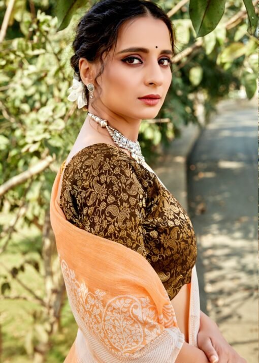 Soft Linen Saree with Weaving Lucknowi Saree 04