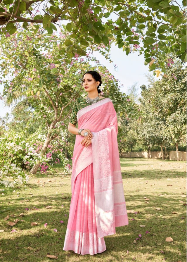 Soft Linen Saree with Weaving Lucknowi Saree 01