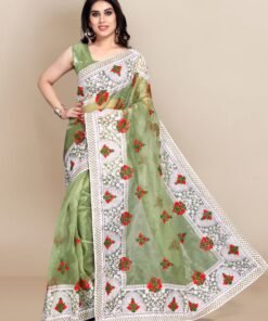 Organza saree with Digital Printed and Embroidery Lace Border Work 02