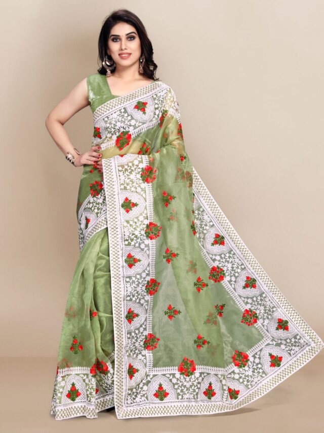 Organza saree with Digital Printed and Embroidery Lace Border Work 02