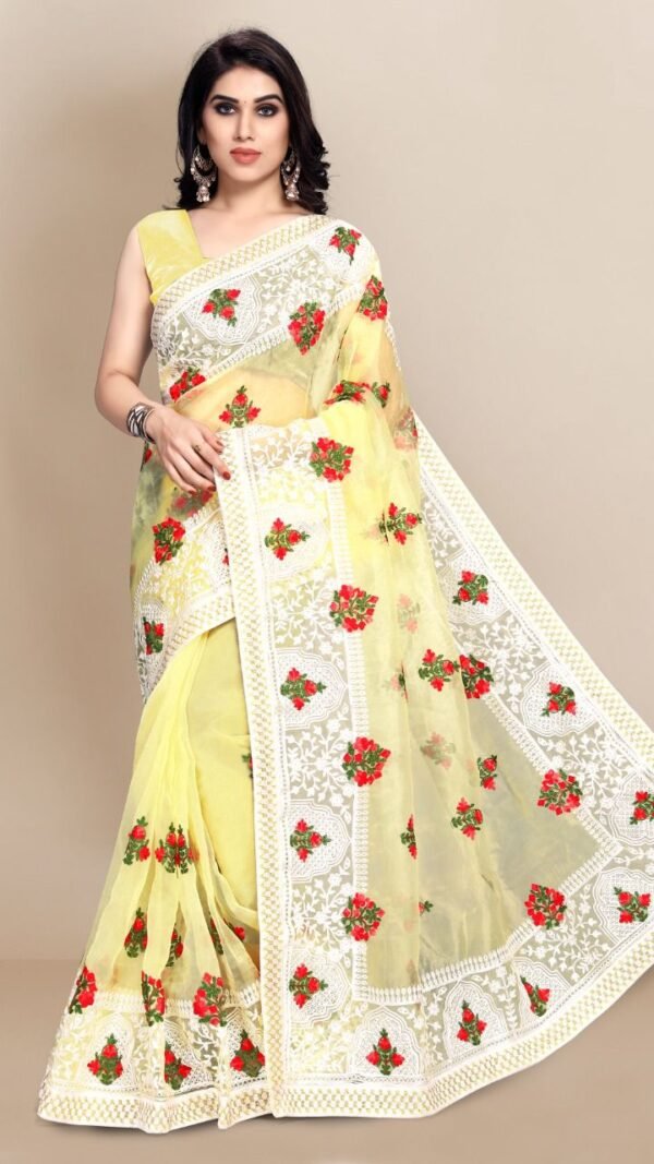 Organza saree with Digital Printed and Embroidery Lace Border Work 01