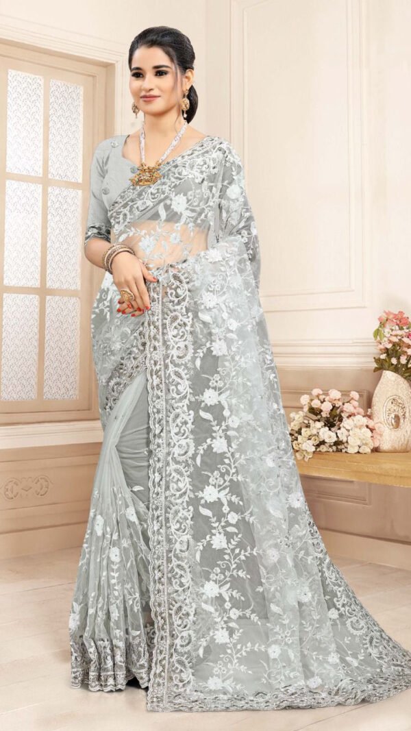 Heavy Net Embroidery Designer Saree Online 03