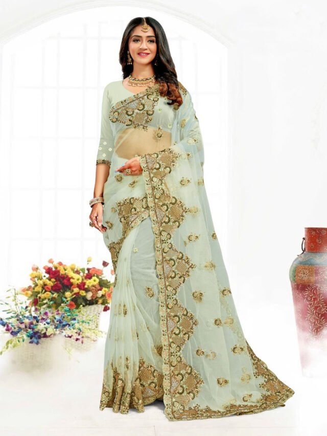 Heavy Net Embroidery Designer Saree Online 05