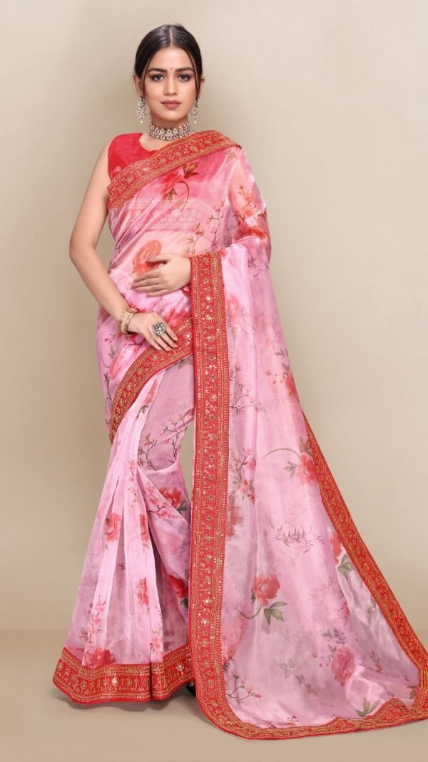 Digital Printed Fully Embroidery Organza Party Wear Saree 01
