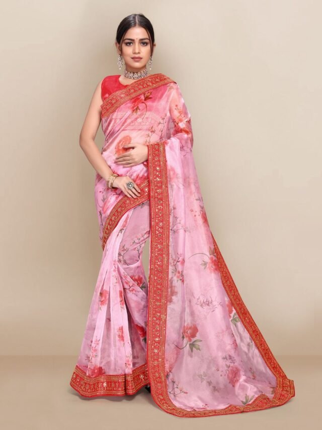 Digital Printed Fully Embroidery Organza Party Wear Saree 01
