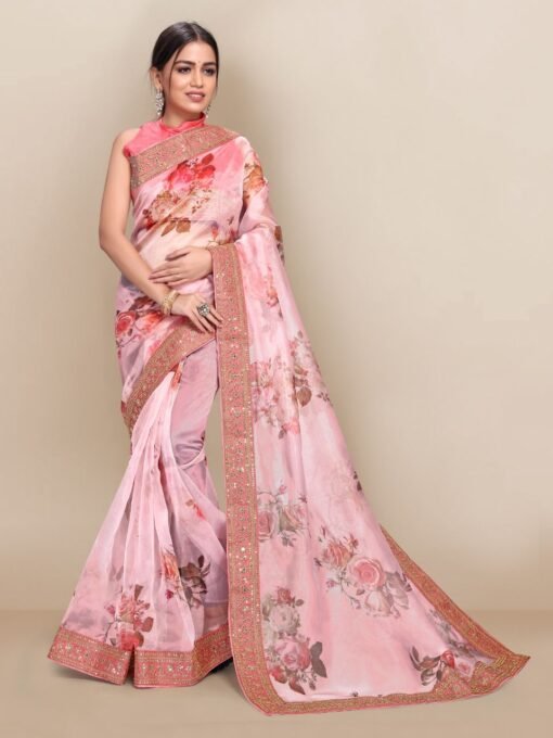 Digital Printed Fully Embroidery Organza Party Wear Saree 02