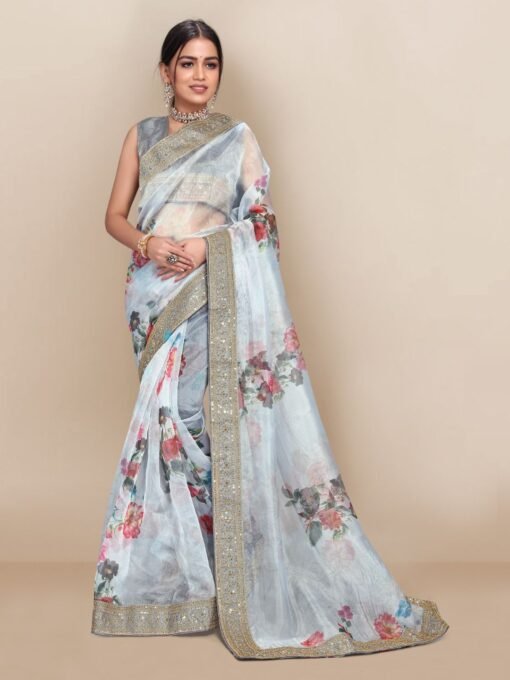 Digital Printed Fully Embroidery Organza Party Wear Saree 03