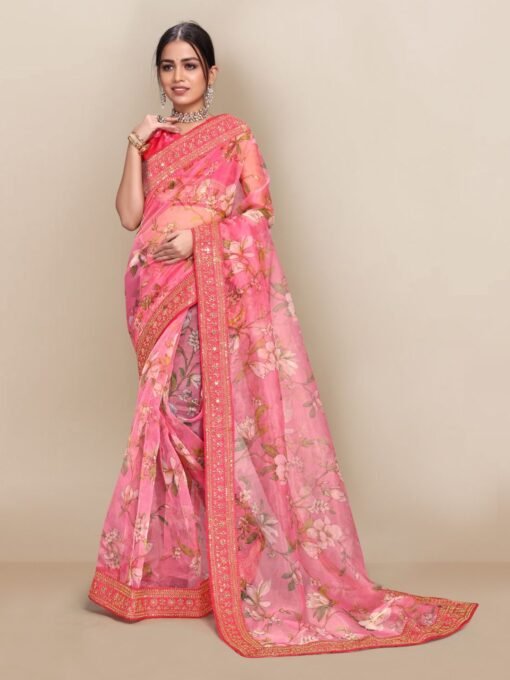Digital Printed Fully Embroidery Organza Party Wear Saree 04