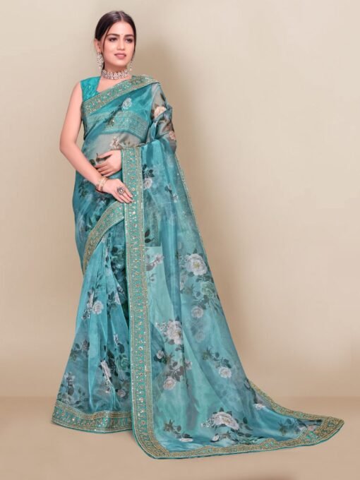 Digital Printed Fully Embroidery Organza Party Wear Saree 06