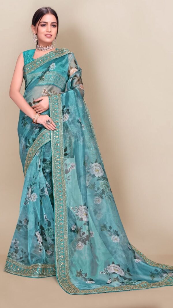 Digital Printed Fully Embroidery Organza Party Wear Saree 06