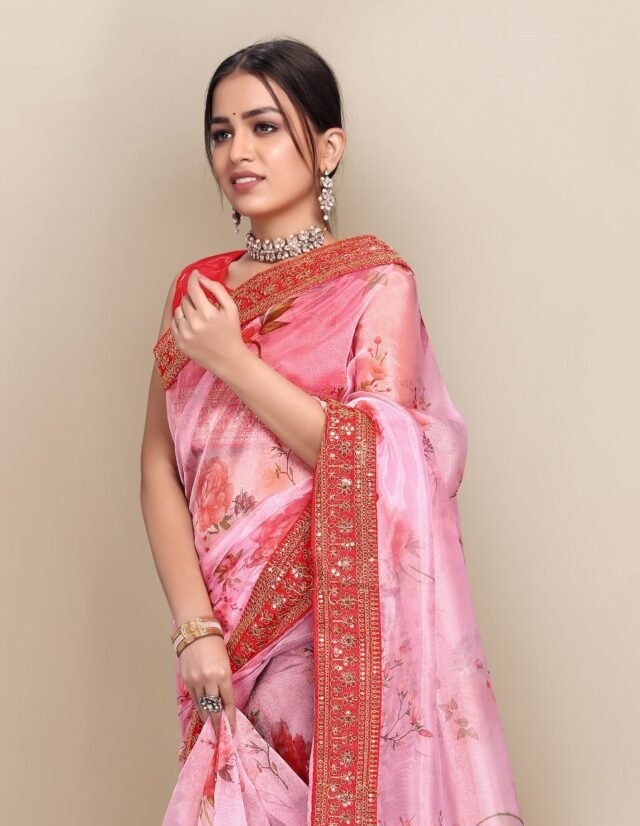 Digital Printed Fully Embroidery Organza Party Wear Saree 01