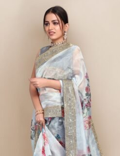 Digital Printed Fully Embroidery Organza Party Wear Saree 03