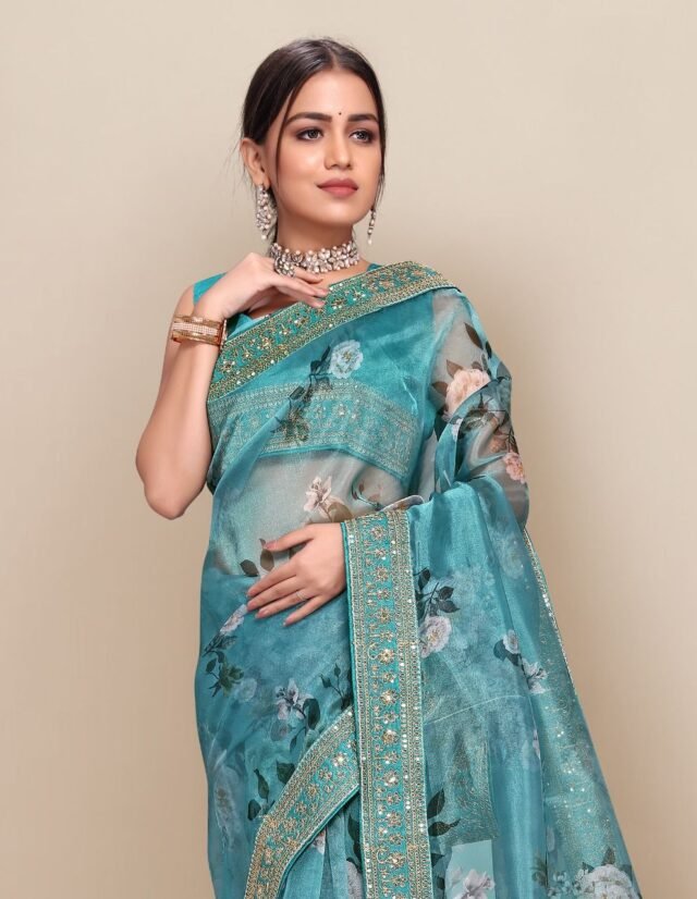 Digital Printed Fully Embroidery Organza Party Wear Saree 06