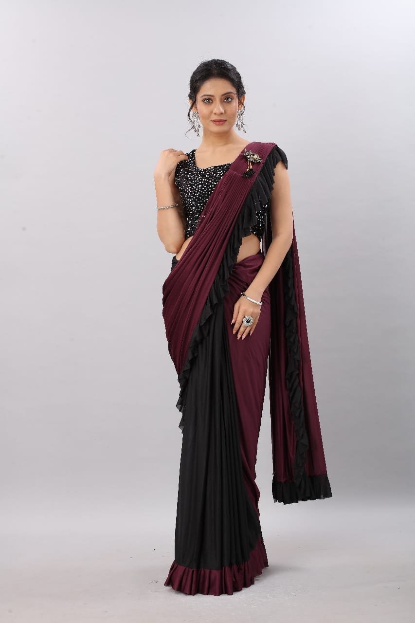 Ready to Wear Saree, Maroon Color Satin Silk Exclusive Casual Wear Saree  Looking Beautiful Work Blouse Saree Bold and Beautiful Saree - Etsy Sweden