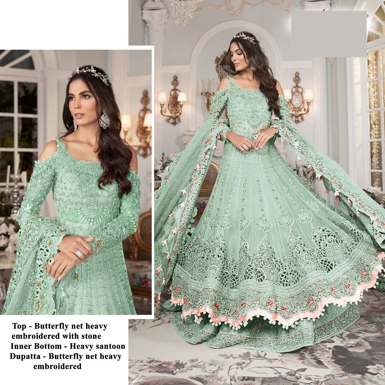 Buy Pista Green Butterfly Net Wedding Wear Sharara Suit from Ethnic Plus