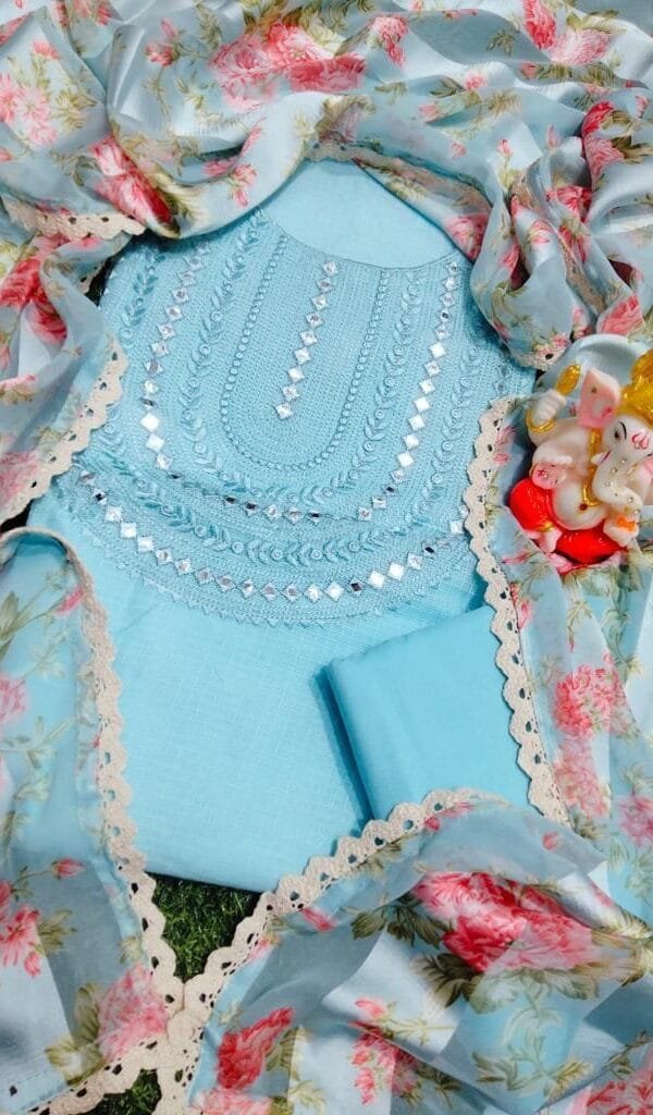 Light Blue Cotton Dress Material with Embroidery Work