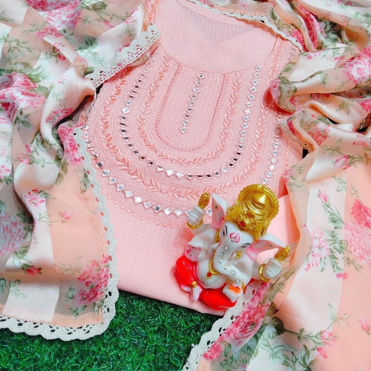 Light Pink Cotton Dress Material with Embroidery Work - SareesWala.com