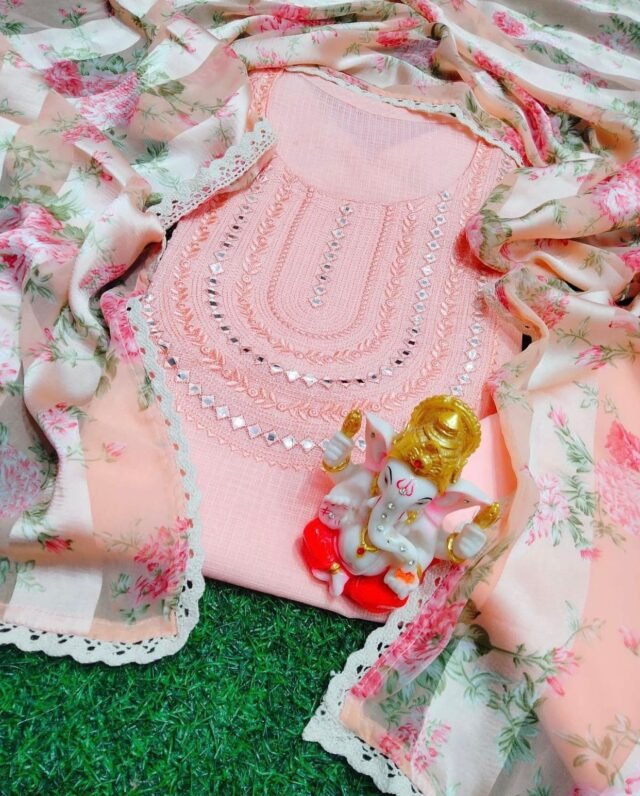 Light Pink Cotton Dress Material with Embroidery Work