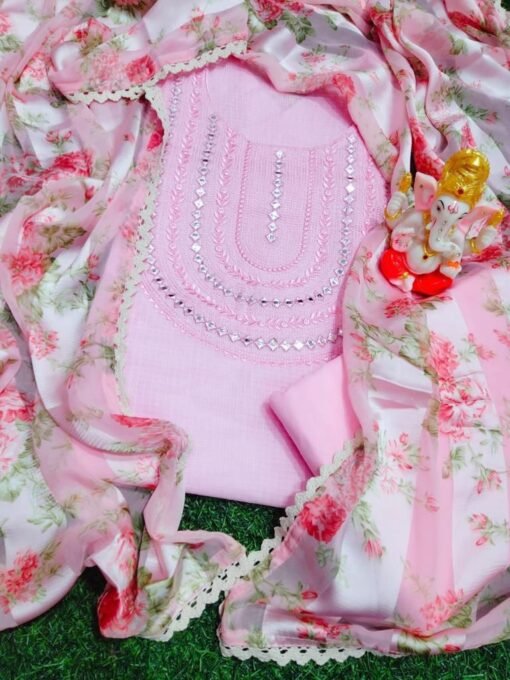 Pink Cotton Dress Material with Embroidery Work