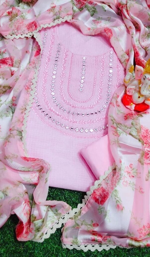 Pink Cotton Dress Material with Embroidery Work