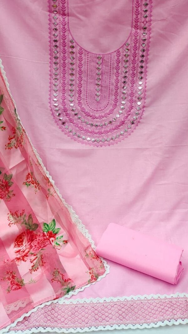 Pink Cotton Dress Material with Embroidery Work