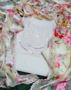 White Cotton Dress Material with Embroidery Work